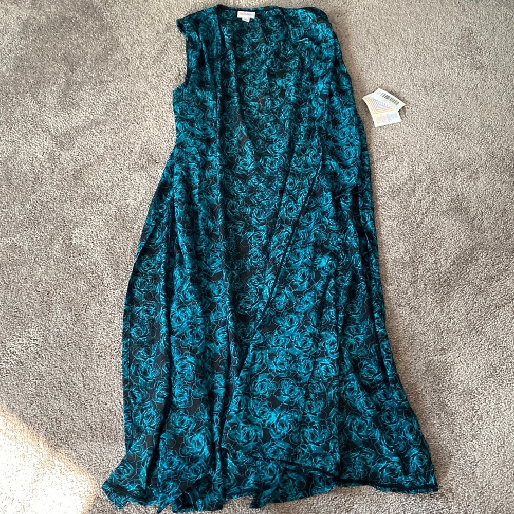 Lularoe Joy Teal Black Floral Sleeveless Long Duster Cardigan SIZE M